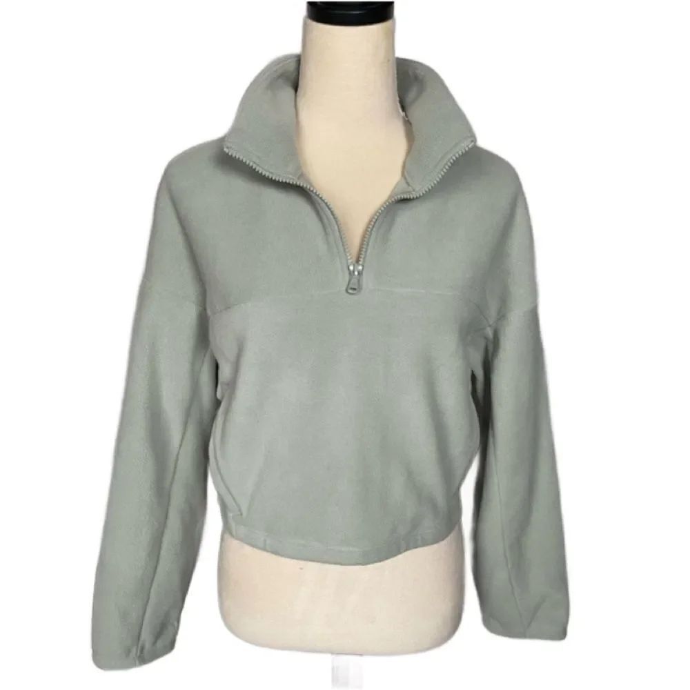 Gilly Hicks Light Sage Green Quarter-Zip Cropped Fleece Pullover (Size: Medium)